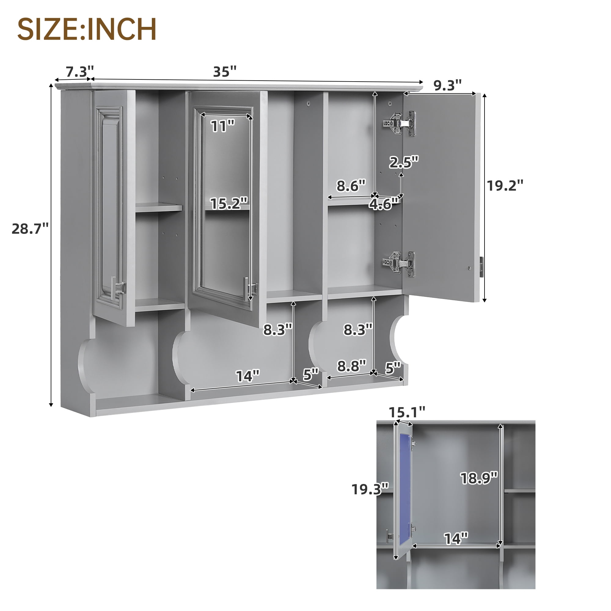 Euroco 35'' x 28'' Wall Mounted Bathroom Medicine Cabinet, Modern Bathroom Wall Cabinet with Mirror, Mirror Cabinet with Open Shelves
