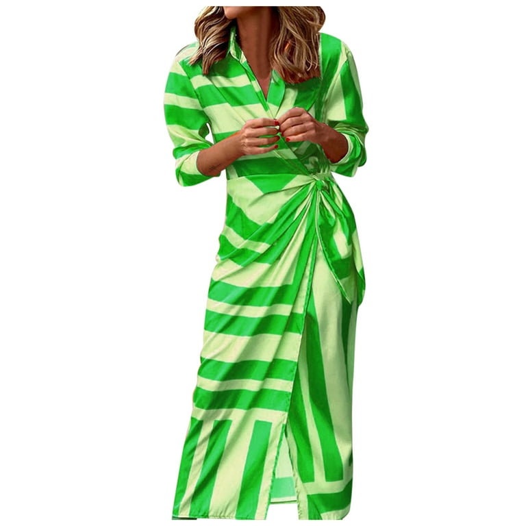 EHQJNJ Casual Dresses for Women 2024 Winter Women Printed Half Sleeve  Elegant Knotted Colorblock Striped Print Shirt Dress Party Festive Belted  Wrap