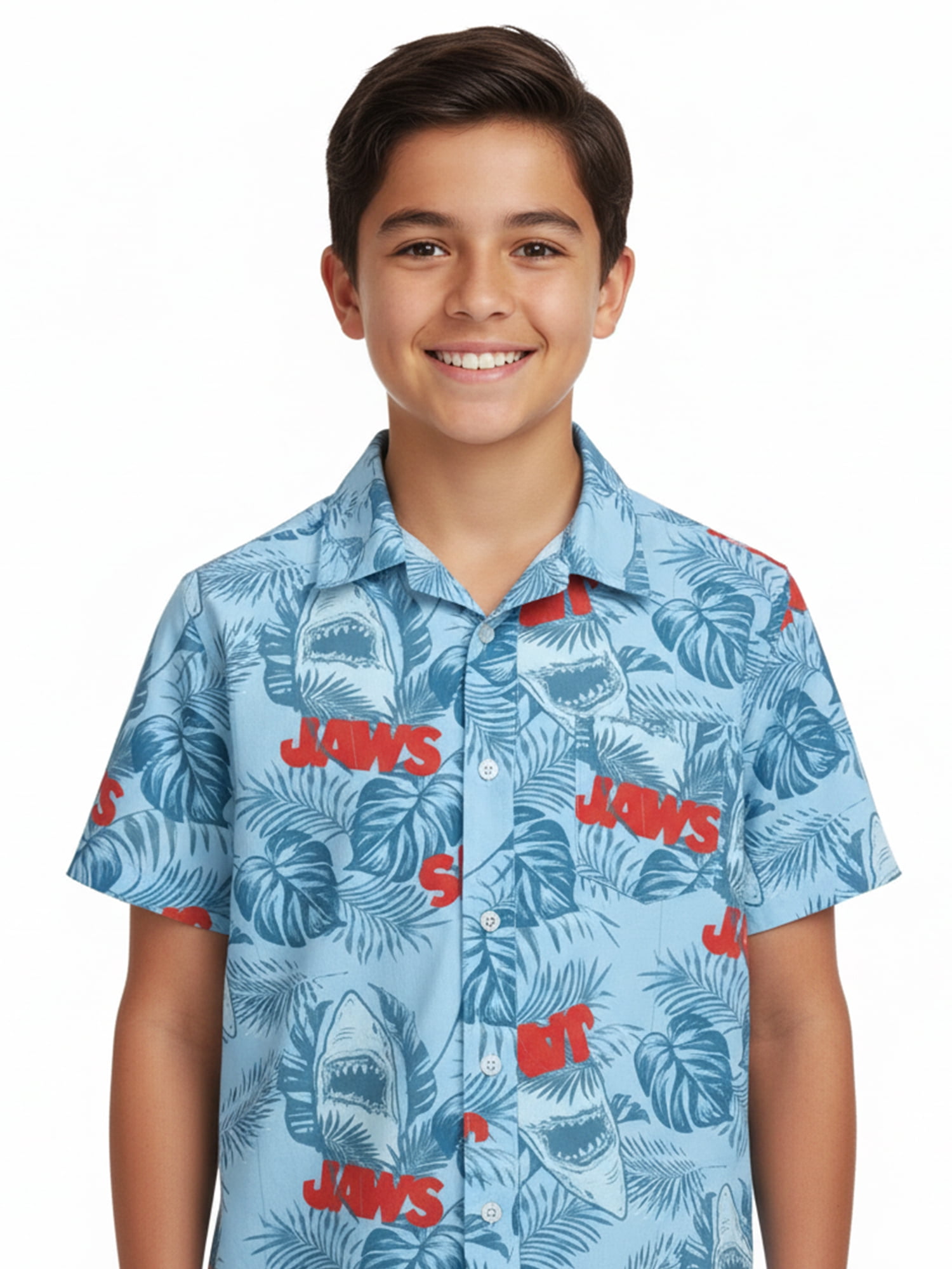 Jaws Boys Cotton Graphic Button Up Shirt with Short Sleeves, Sizes 4-18