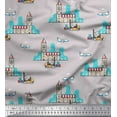 thumbnail image 1 of Soimoi Grey Japan Crepe Satin Fabric Clock Tower,Airplane & Forklift Truck Transport Print Fabric by the Yard 42 Inch Wide, 1 of 1