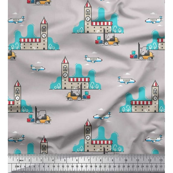 Soimoi Grey Japan Crepe Satin Fabric Clock Tower,Airplane & Forklift Truck Transport Print Fabric by the Yard 42 Inch Wide
