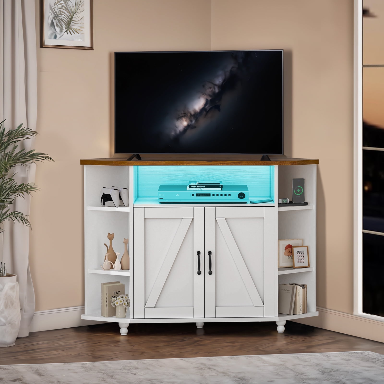 DreamCurship Modern Farmhouse Corner TV Stand for TVs Up to 55 Inch, Entertainment Center with Adjustable Shelves for Living Room, White