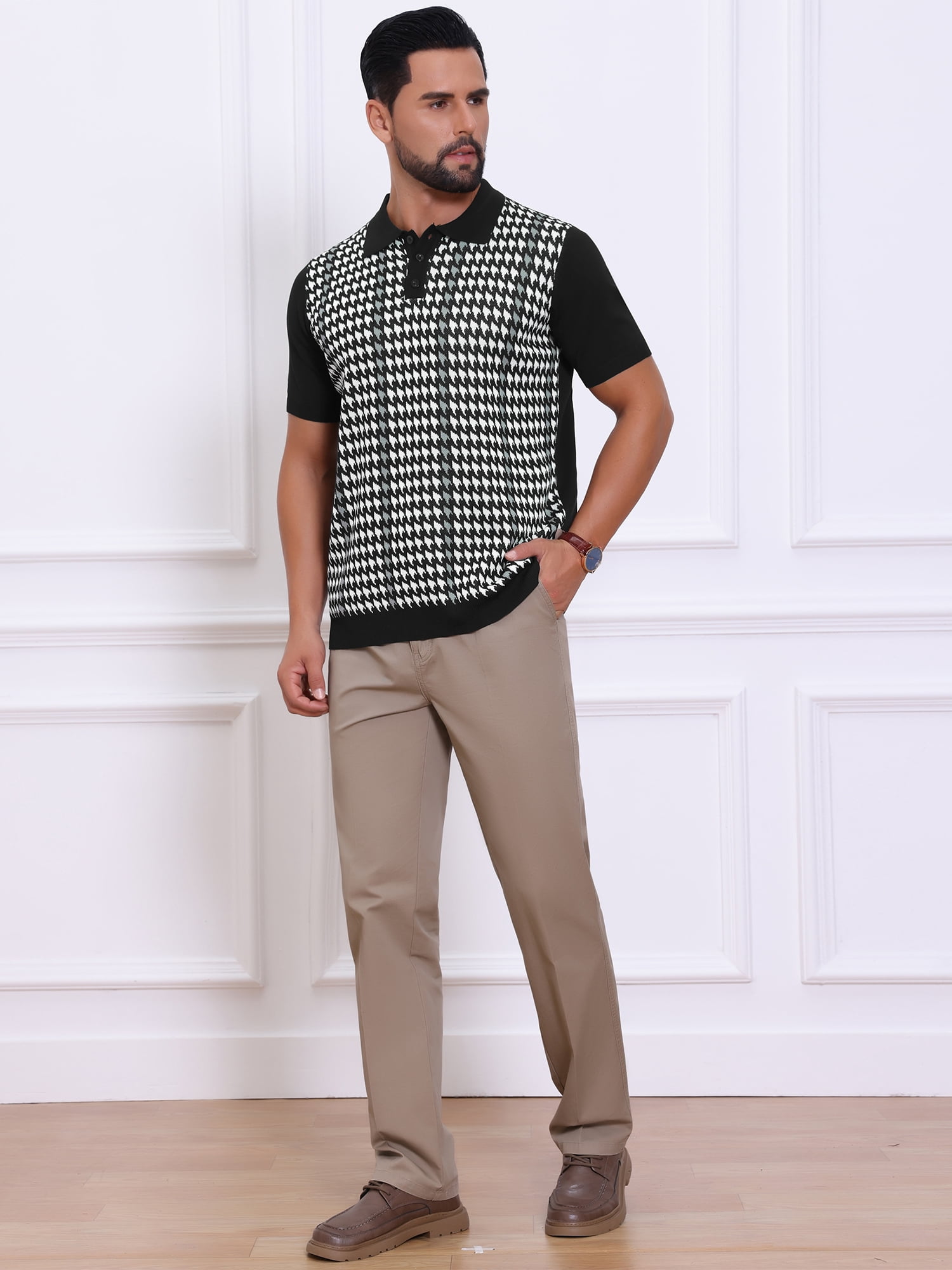 DARING DIVA Men's Houndstooth Summer Short Sleeve Casual Knit Polo Shirt S Black White