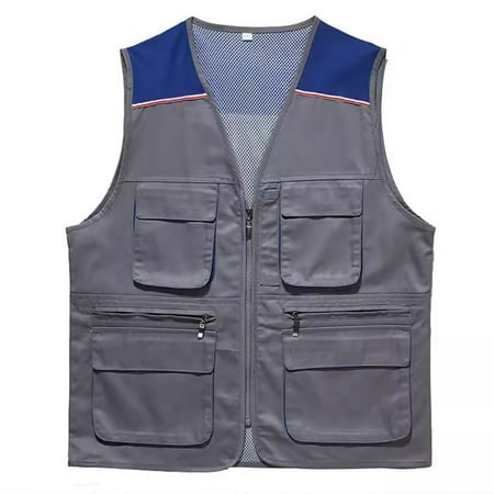 JSGEK Men s Utility Vest Multi-Pocket Work Vest Breathable Mesh Back Zippered Vest with Pockets for Construction Work Fishing Photography Gray XXXXXL