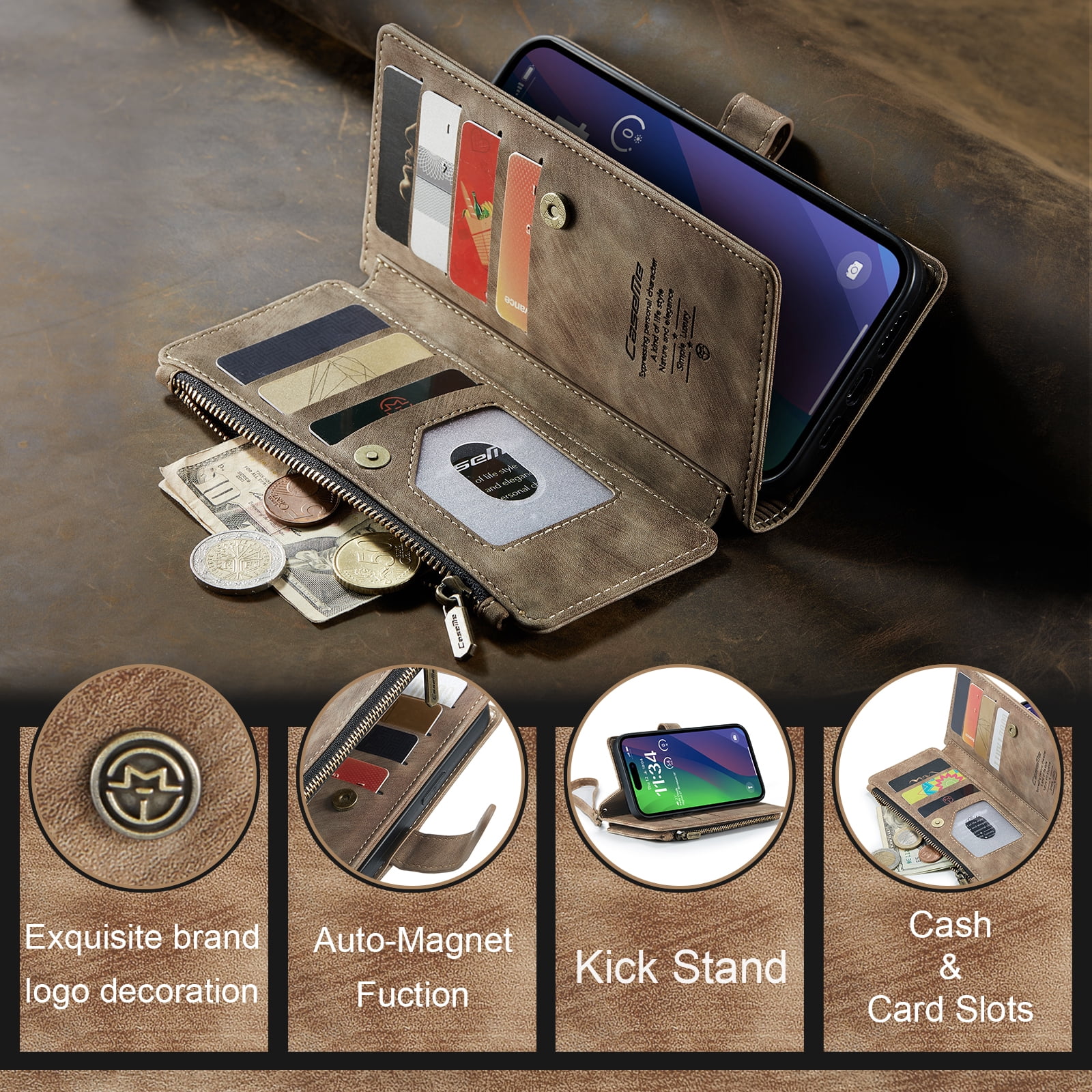 Dteck for iPhone 15 Plus Case with Card Holder, Premium iPhone 15 Plus Wallet Case for Women Men, Heavy Duty Durable PU Leather With Flip Zipper Pocket Phone Case w/ Wrist Strap Lanyard,Brown