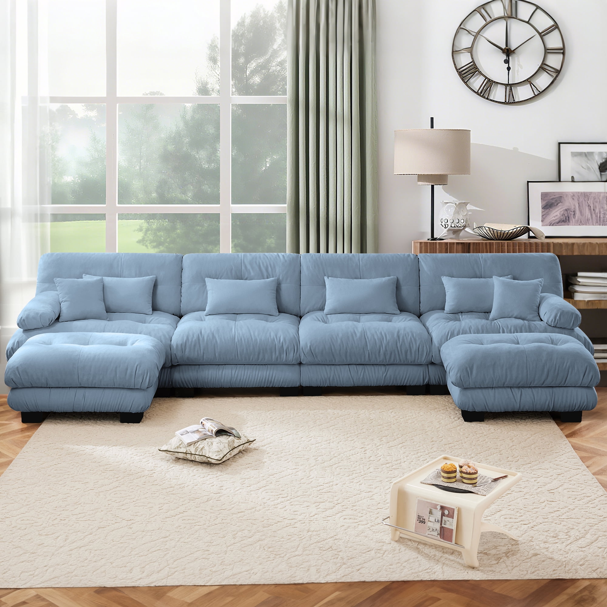FFH 173.2" Modular Sectional Sofa, U Shaped Couch for Living Room, 4-Seater Comfy Cloud Couch with Deep Seat (Chenille Blue, 4 Seater with 2 Ottomans)