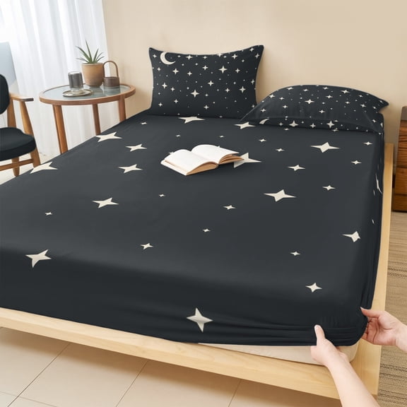 Twin Sze Fitted Sheet Set - Modern Black Grey 2 Piece Bedding Sets 16" Deep Pocket Fitted Sheet with 1 Pillowcase, Japanese Style Moon Stars Minimalism Brushed Microfiber Hotel Luxury Bed Sheets