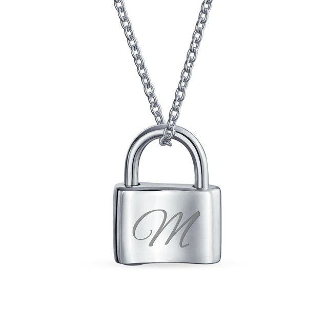 Personalized Script Initial Alphabet Letter M Plain Simple Couples Sentimental Functional Lock Pendant Charm Lovers Padlock Necklace for Women Teens .925 Sterling Silver Chain 16 Inch Custom Engraved
