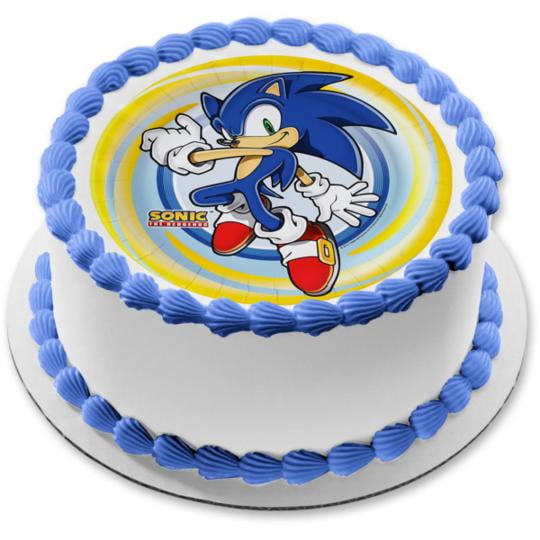 Sonic the Hedgehog Logo Sonic Yellow Blue Spiral Background Edible Cake