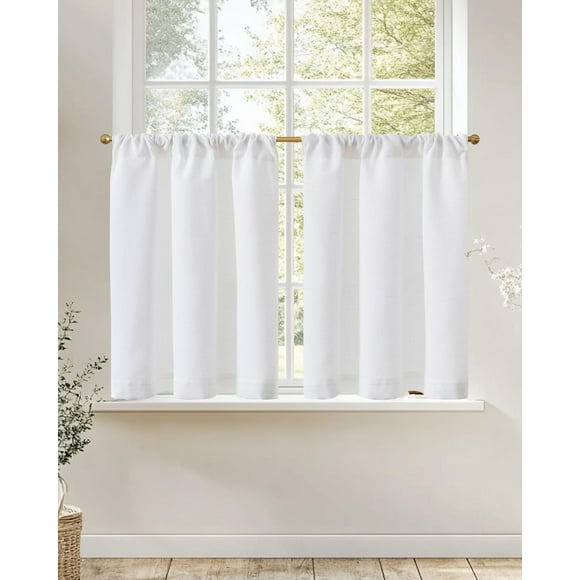 Cortinas de Cocina Jinchan de Lino 45 cm Rustic Nivel 2 Paneles Blancos