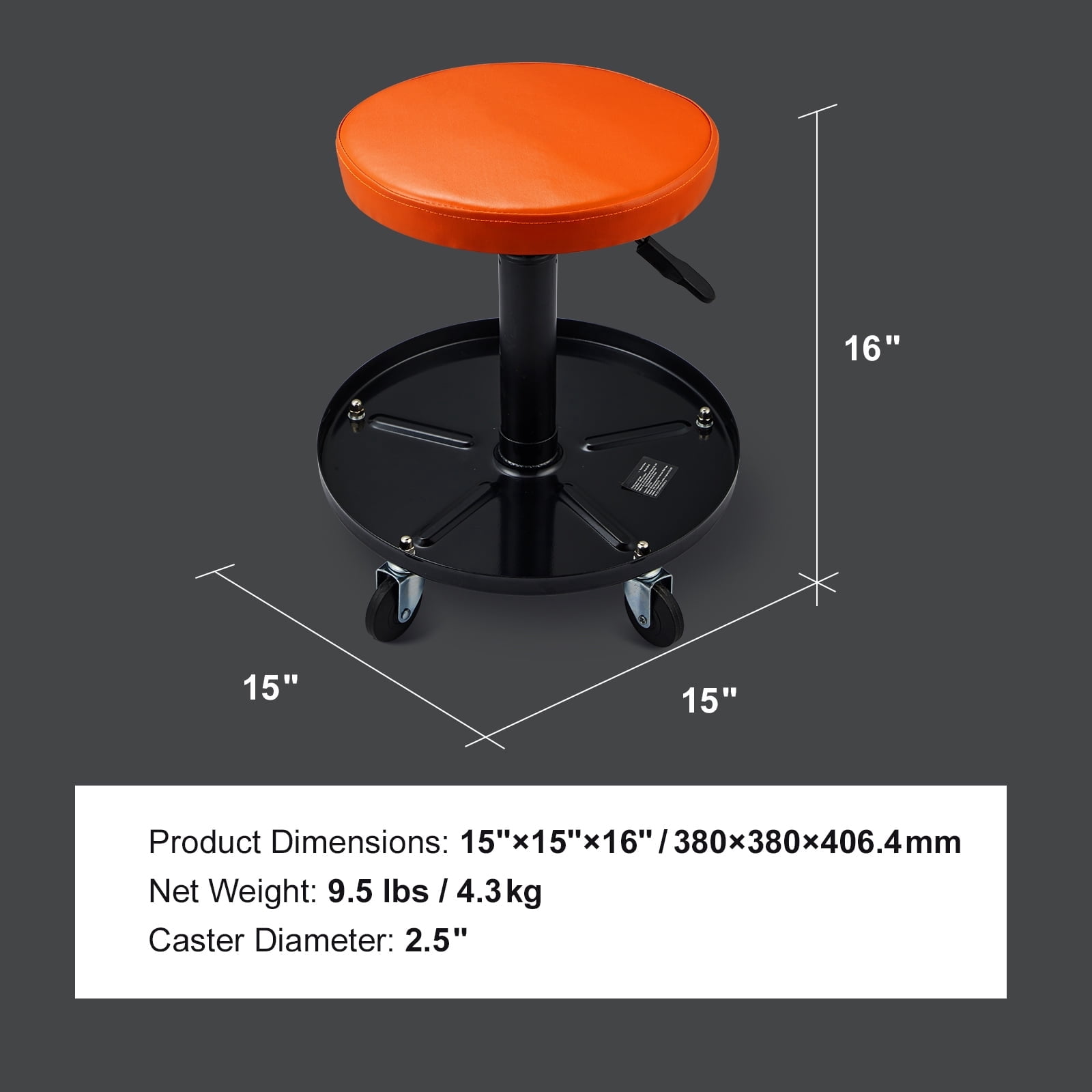 KFFKFF Mechanic Seat, 250 LBS Capacity, Pneumatic Rolling Creeper for Garage/Shop, Height Adjustable 22-28 in, Comfortable Workshop Stool with Tool Tray, Black+Orange