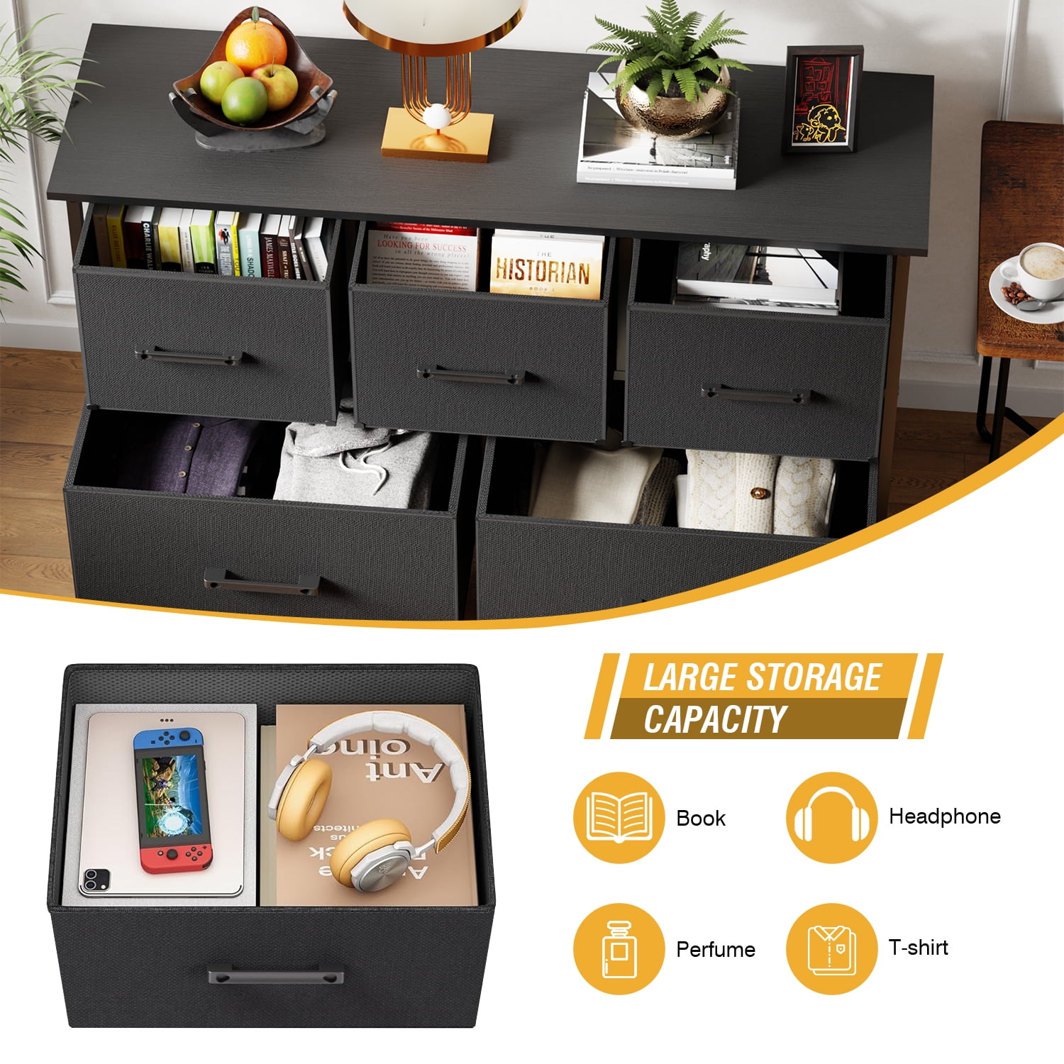 FDW 5 Fabric Drawers Dresser Modern Chest Organizer Black