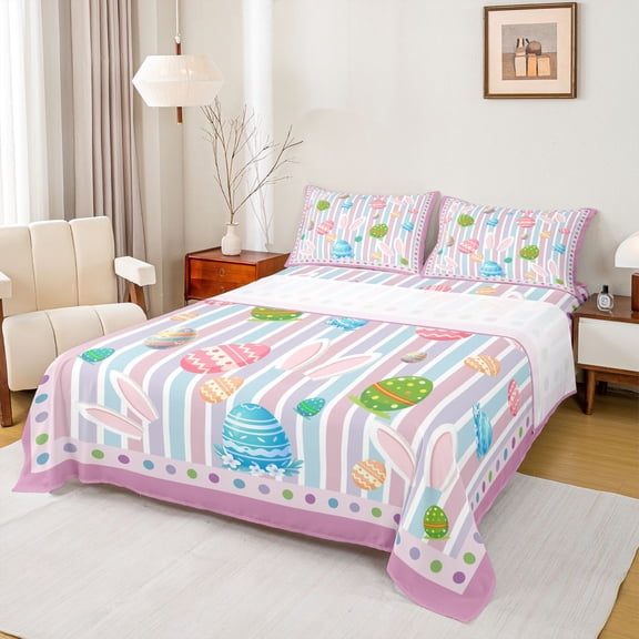 Manfei Colorful Dinosaur Eggs Full Size Sheets,Modern Geometric Stripe Bed Sheets,Rainbow Polka Dots Sheet Sets For Girls Kids,Breathable Home Decor,4 Pieces