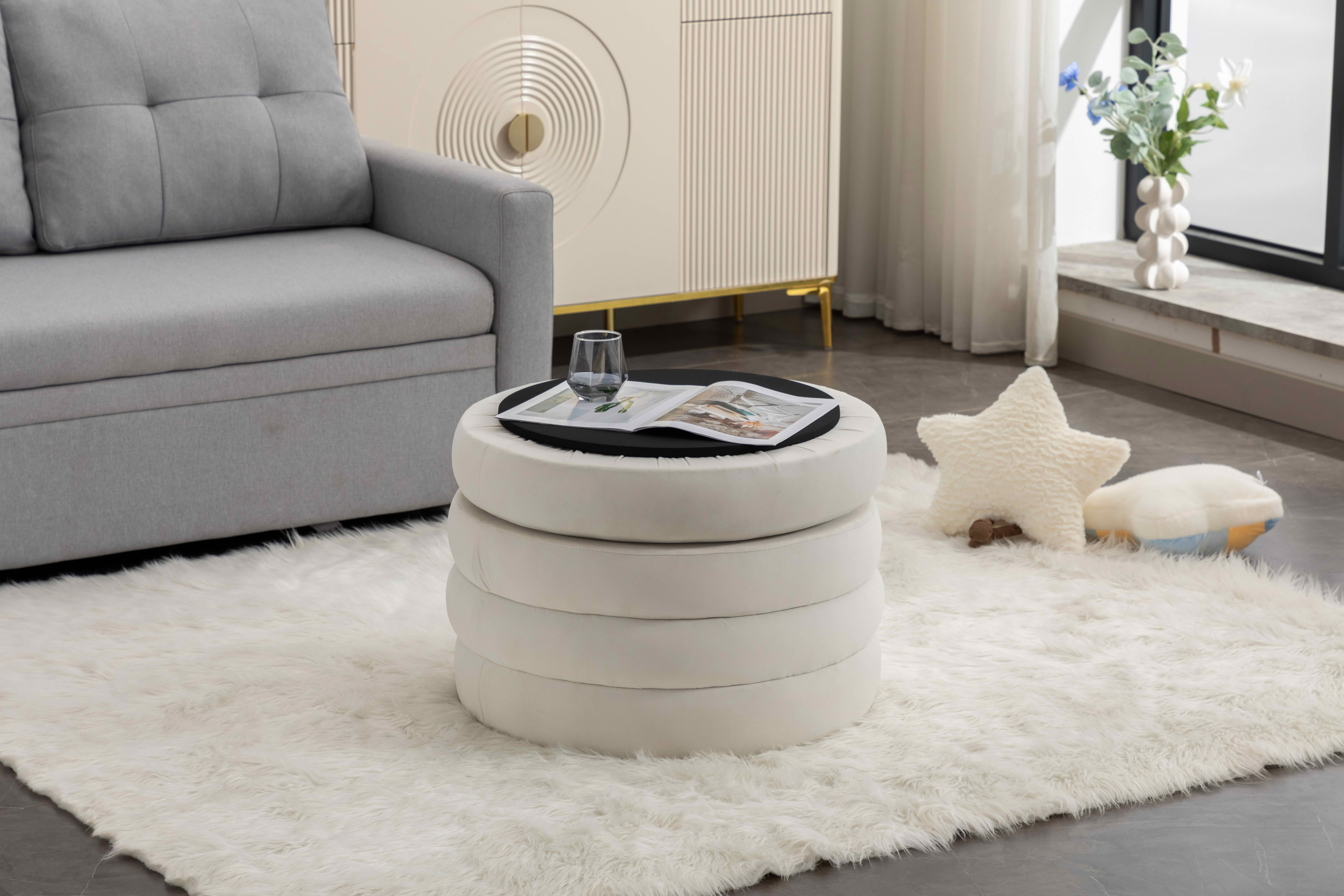 MAYEERTY Velvet Fabric Storage Round Ottoman Footrest Stool, with Wooden Shelving, Ivory
