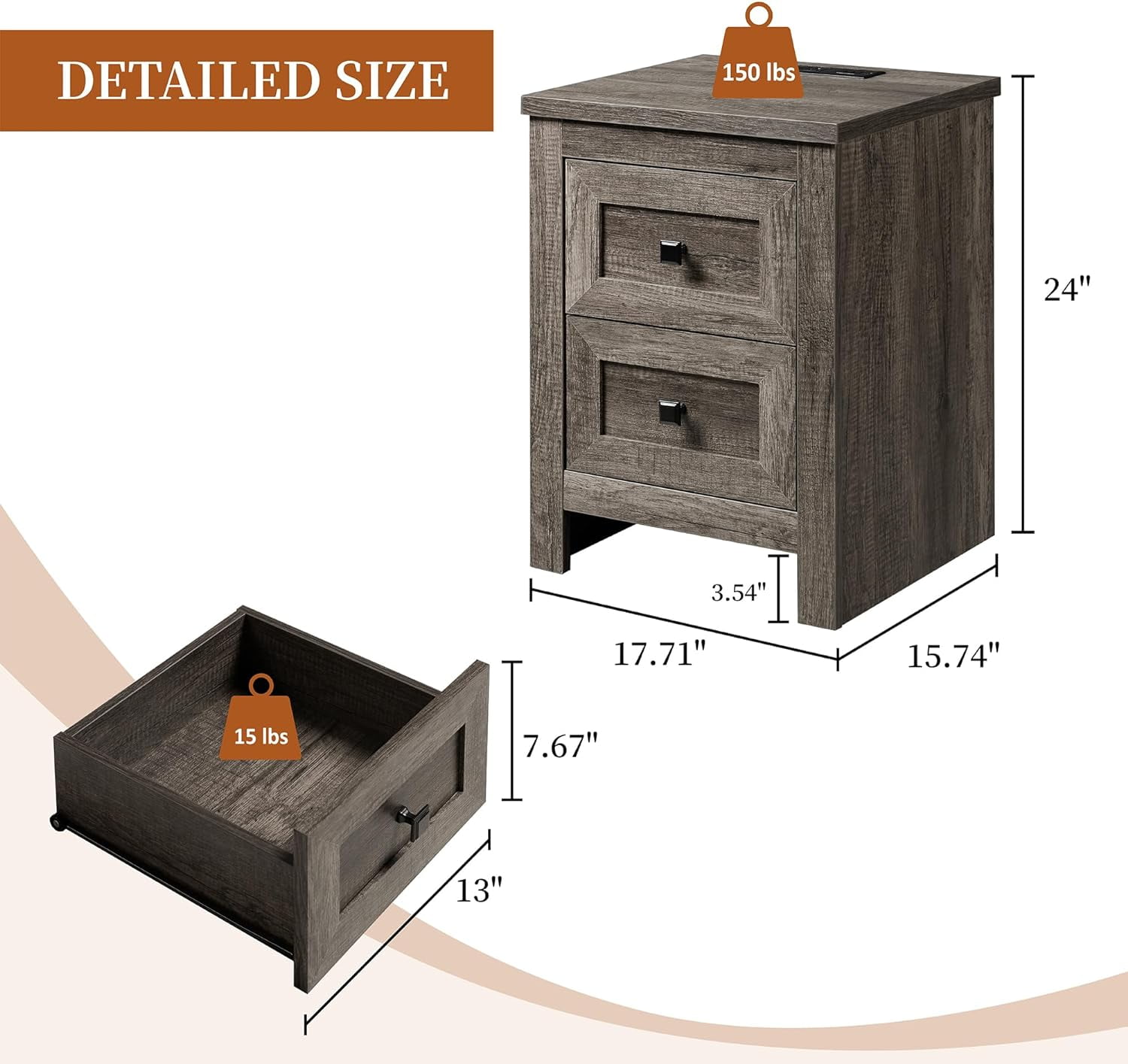 Merluxy Nightstand Set of 2 with Charging Station, Farmhouse Wood Bedside Table Rustic Grey