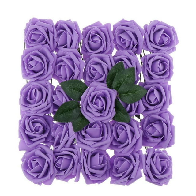 25 cabezas de rosas artificiales, cabezas de flores, rosas de seda con Púrpura