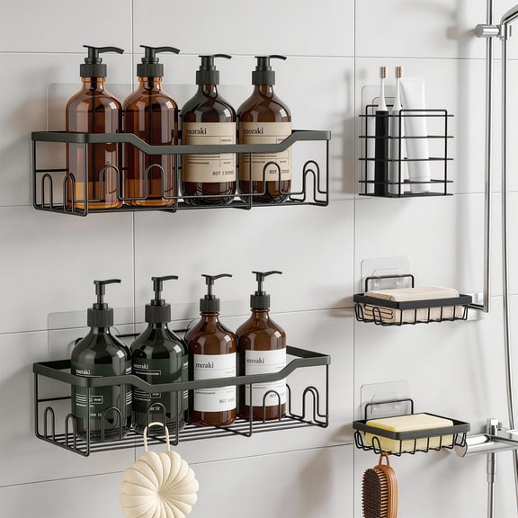 Siaomo Shower Caddy,5 Pack Adhesive Shower Shelves,Rustproof Stainless Steel Shower Organizer Storage,No Drilling Shelves for Bathroom Storage & Home Decor -Black