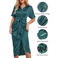 thumbnail image 3 of Hanerdun Womens Satin Shirt Dress Ruched Party Wrap Dresses Short Sleeve V Neck Button Down Maxi, 3 of 8