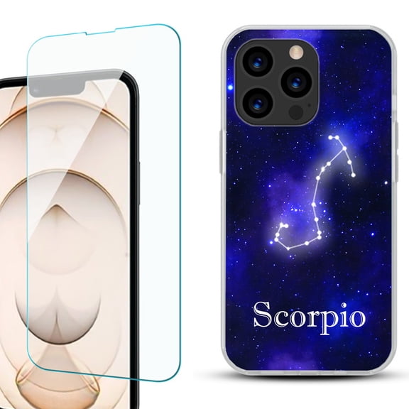 Slim-Fit Anti-Scratch Gel TPU Phone Case for iPhone 13 Pro, with Tempered Glass Screen Protector, by OneToughShield ® - Zodiac / Scorpio