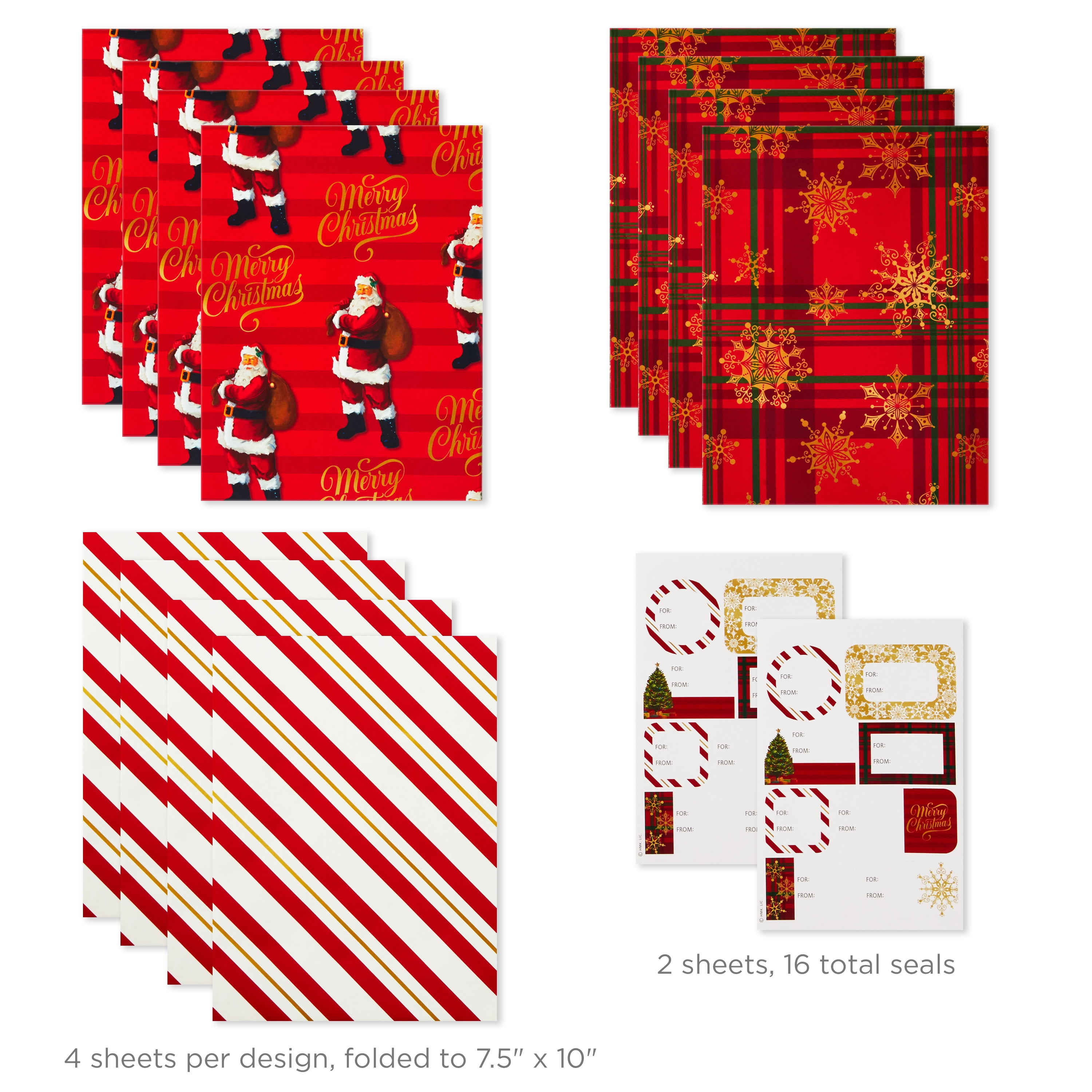 Hallmark Flat Christmas Wrapping Paper Sheets with Cutlines on Reverse and Gift Tag Seals (12 Folded Sheets, 16 Gift Tag Stickers) Red, White and Gold Stripes, Santa Claus, Snowflakes on Plaid