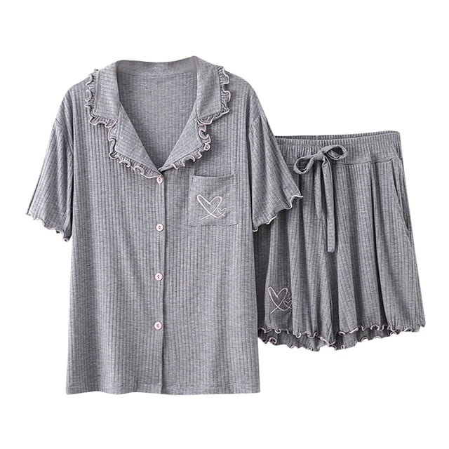 Womens 2 Piece Modal Pajama Set Summer Button Down Sleepwear Short Sleeve Collared Frilly Shorts Sets Nightwear Pjs Gray, L