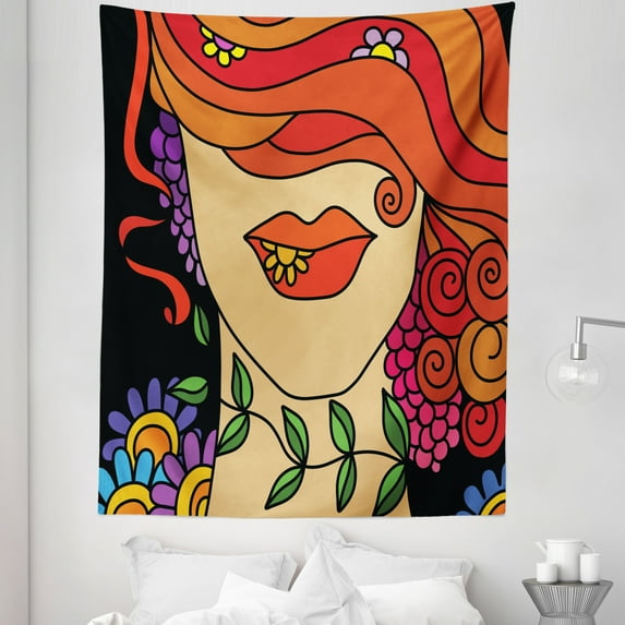 Contemporary Tapestry, Surrealistic Abstract Portrait of a Woman with Swirly Hair Flowers and Leaves, Fabric Wall Hanging Decor for Bedroom Living Room Dorm, 5 Sizes, Multicolor, by Ambesonne