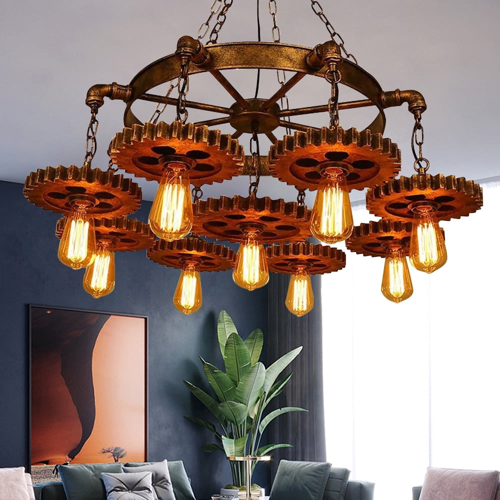 9-Head Gear-Shaped Rustic Ceiling Light Pendant Lamp Fixture Steampunk Gear Chain Chandelier 110V 40W 33.46*17.71in for Residential and Commercial Lighting, Living Rooms, Bedrooms