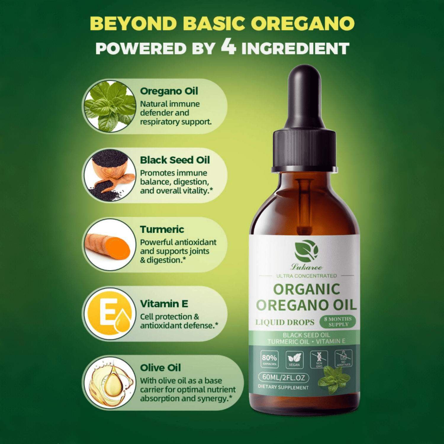 Organic Oregano Oil Drops 80% Carvacrol - Oil of Oregano with Black Seed Oil, Turmeric & Vitamin E - Immune, Respiratory, Digestive Support - Vegan, Sugar-Free, Non-GMO, 4 Fl Oz