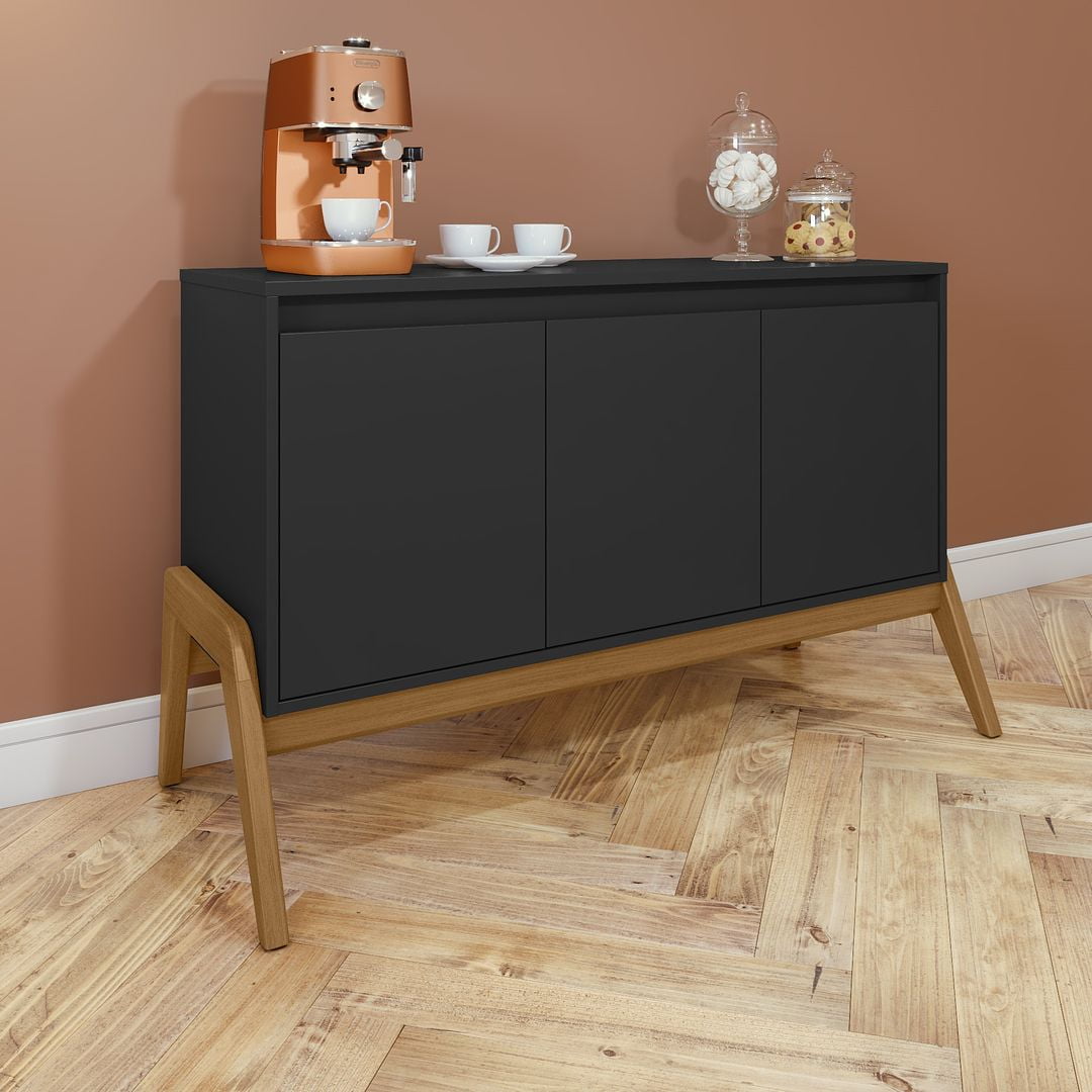 Manhattan Comfort Mid-Century Modern Gales 48.50 Sideboard with Solid Wood Legs in Matte Black Manhattan Comfort Mid-Century Modern Gales 48.50 Sideboard with Solid Wood Legs in Matte Black