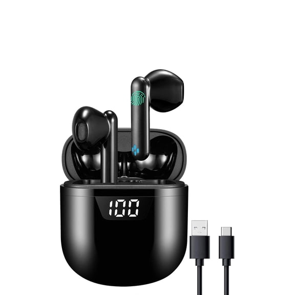 Bluetooth 5.2 Headphoness Wireless Earbuds Stereo LED Display Earphones 24H Play Time with Built-in Mic Single/Dual Mode/Type-C Charging Case in-Ear Sports Headsets for iPhone/Samsung/Airpods -Black