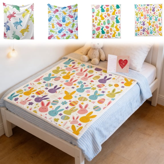 AYktou Easter Throw Blankets, 29×39 Inch Soft Easter Bunny Easter Egg Printed Flannel Blankets Small-Sized Sofa Blanket/ Nap Blanket, Multi-Purpose Picnic Mat Comfortable Bath Towel for Home Decor