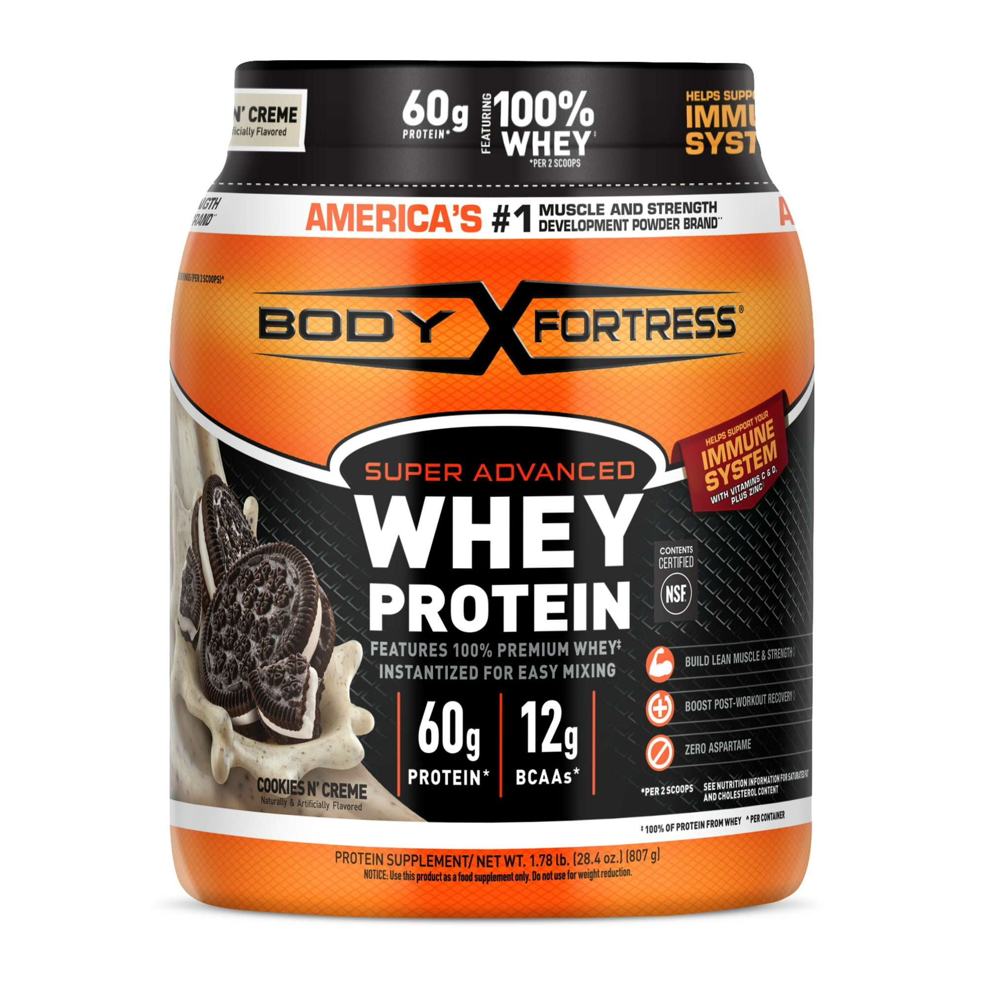 Body Fortress Super Advanced 100% Premium Whey Protein Powder, Cookies N' Creme, 60g Protein, Immune Support , Vitamins C & D Plus Zinc, 1.78 lbs
