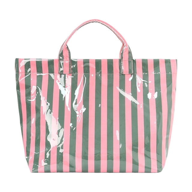 Bolso tote de PVC a rayas, brillante e impermeable, con asas reforzadas. Bolso de mano grande para playa, compras, viajes y uso diario. Bolso tote resistente y estructurado con asas reforzadas.
