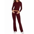 thumbnail image 2 of Women'S 2 Piece Matching Lounge Set Long Sleeve Slightly Crop Top Wide Leg Pants Casual Sweatsuit Wine Red S, 2 of 9