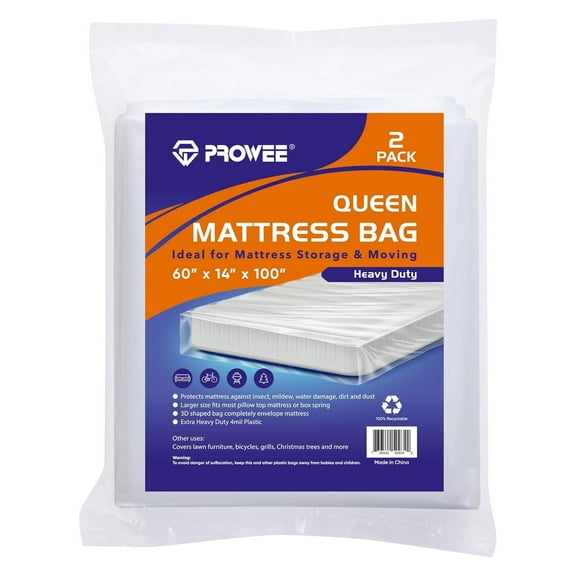 2 Pack Queen Mattress Storage Bags for Moving and Protection, Heavy Duty 4Mil Clear Plastic Mattress Covers, Dustproof Waterproof Bed Cover, White