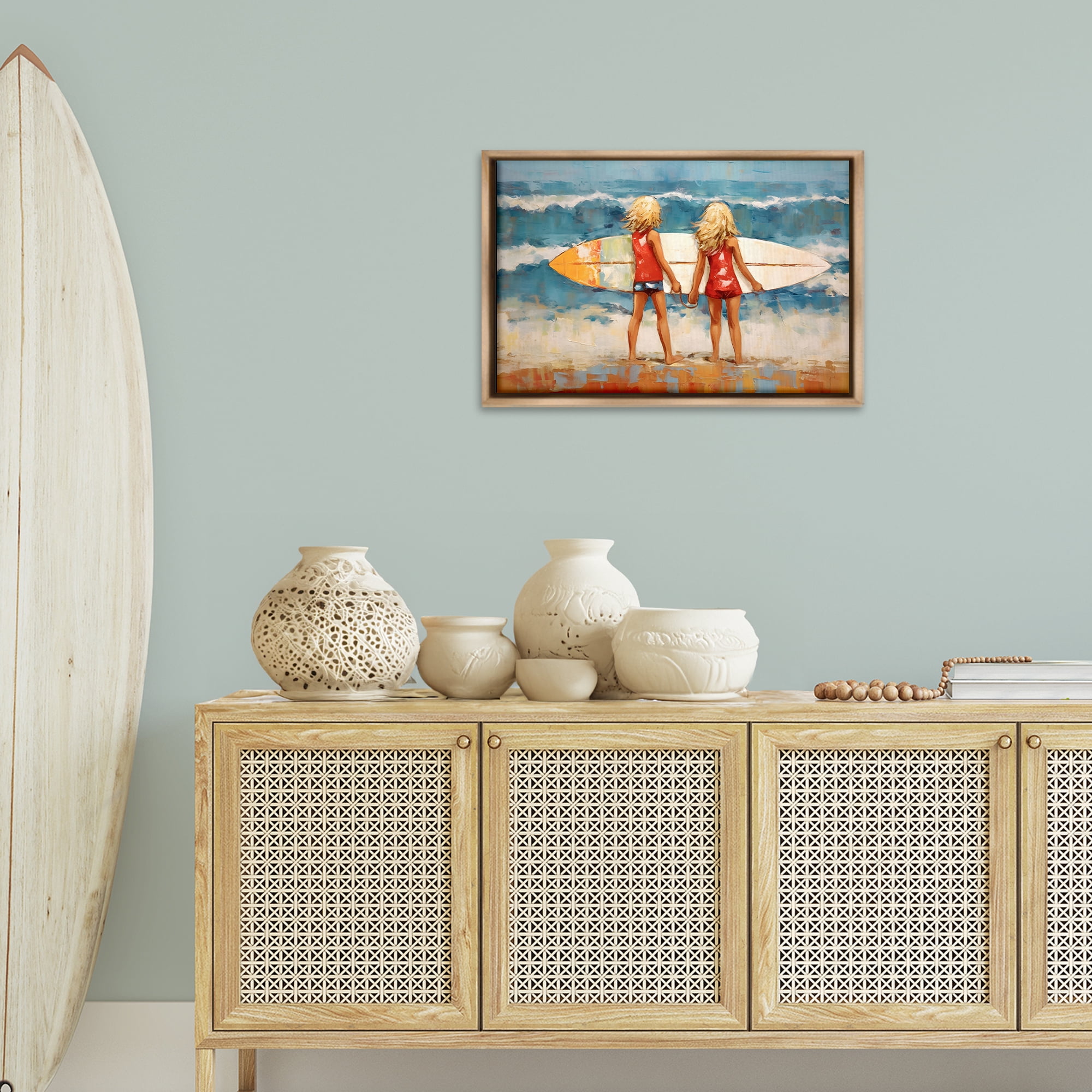 Stupell Industries Siblings with Surfboard People Painting Brown Floater Framed Canvas Art Print Wall Art, 25 x 17