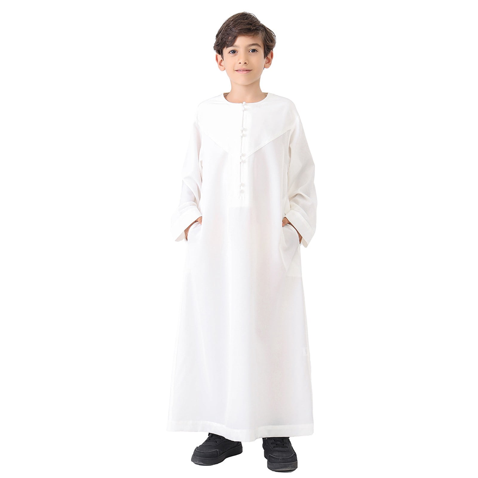 Little Kid Arabic Thobe Thobe Long Sleeve Kaftan Crew Robe National Teenage Boys Long Sleeve Embroidered Robe Set Arab Children's Wear under Shirts for Boy Boys Tee Shirts Large N 7-8 Years White
