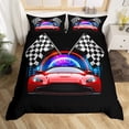 thumbnail image 2 of Erosebridal Housse de Couette Voiture de Course Rouge Grand Lit, Housse de Couette Sport de Vitesse Grand Lit, Décor Drapeau à Damier, Réversible 3 Pcs (Sans Couette), 2 of 7