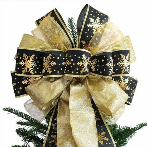 Large Christmas Tree Topper Bow 52x13 Inch, Pre-Tied Wired Ribbon Wreath Bows, Xmas Ornaments with Long Wired Edge Streamer for Holiday Thanksgiving Indoor Outdoor Party Decoration (Black Gold)