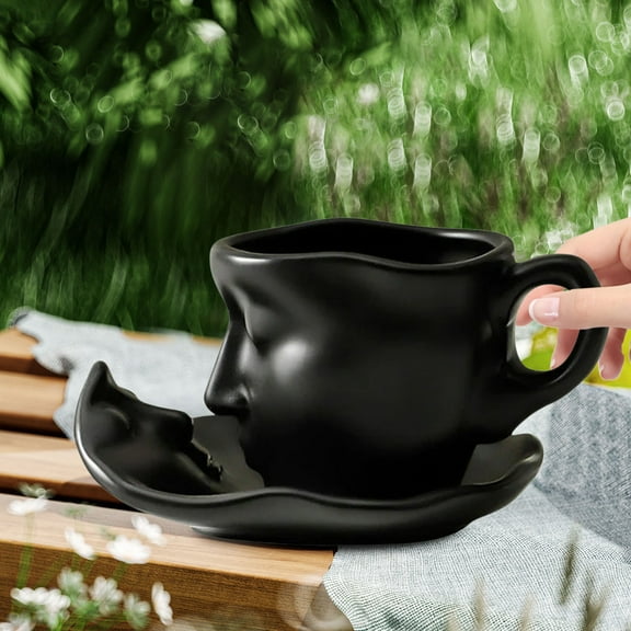 Qnjujn Face Design Ceramic Coffee Mug with Saucer - Valentine's Wedding Gift Set - Microwave Safe Cute Cup for Home, Office, Couples Gifts