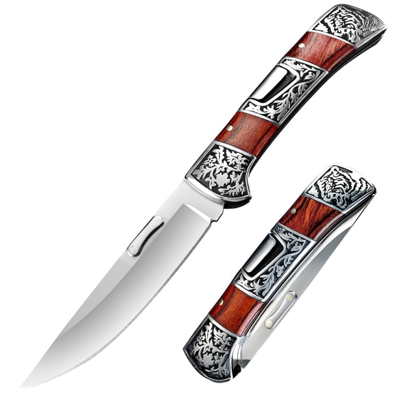 Vintage Engraved Folding Pocket Knife, Sharp Stainless Steel Blade with Non-slip Wooden Handle, Compact Utility Knife for Outdoor Camping, Hunting & Everyday Use