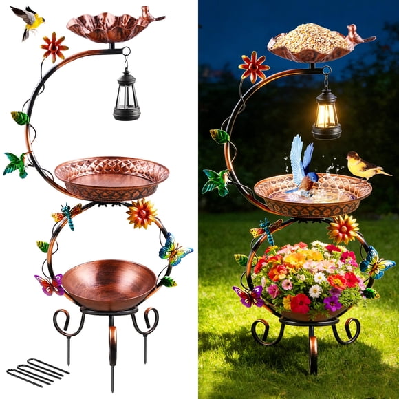 Bain d'Oiseaux en Métal pour l'Extérieur, Support de Bain d'Oiseaux 3 en 1 en Cuivre pour l'Extérieur avec Lampe Solaire et Piédestal pour Jardinière, Oiseau Vintage Autoportant