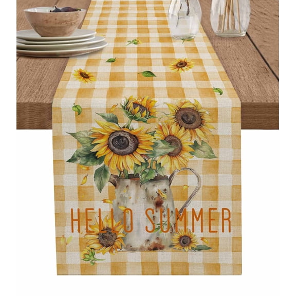 Ldtrchee Sunflower Table Runner 90 Inches, Yellow Plaid Vintage Summer Bee Botanical Bed Runner Dresser Scarves Tabletop for Indoor Outdoor Parties/Ceremony/Banquet, 13" x 90"