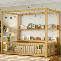 Newest Canopy Montessori Kids Floor Bed Full Size with Guardrails and Shelves, Solid Wood Whimsical Design,Natural