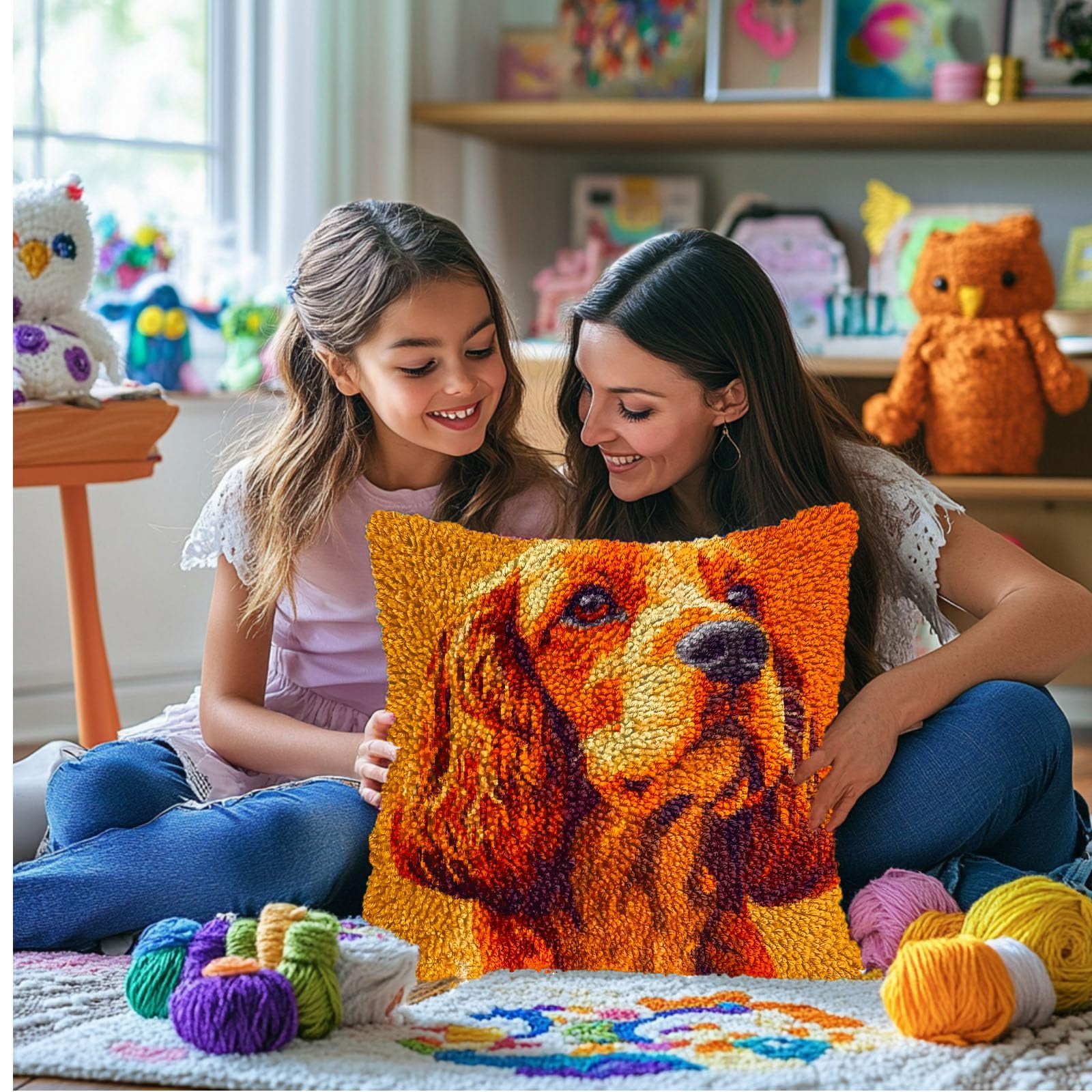 DIY Latch Hook Pillow Kits for Adults Cocker Spaniel Dog Background Printed Pillowcase Crochet Yarns Hooking Handmade Pillow Cover Cushion for Home Sofa Decoration 17x17inch-1