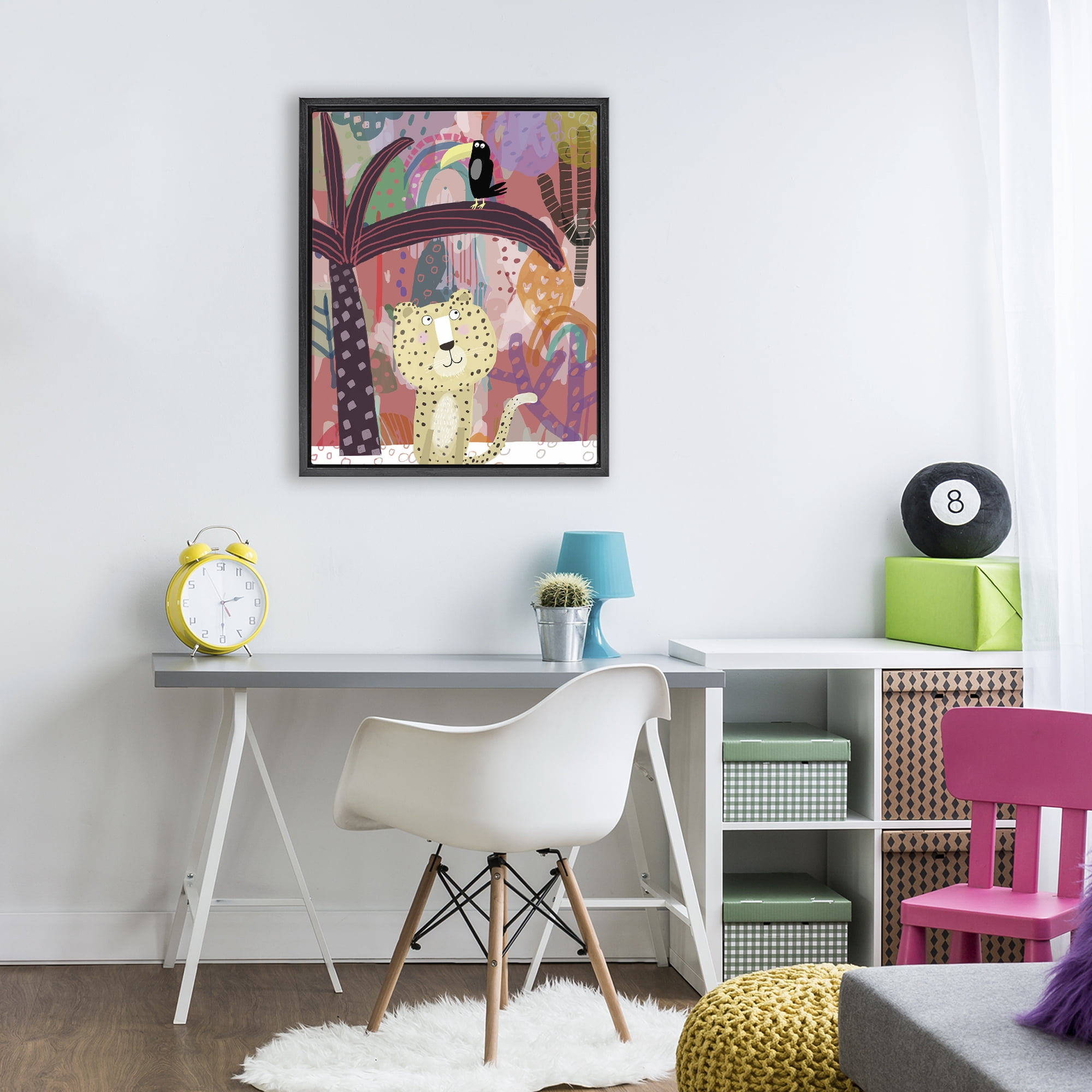 Whimsical Cheetah & Toucan Black Framed Floater Canvas Wall Art, design by Carla Daly