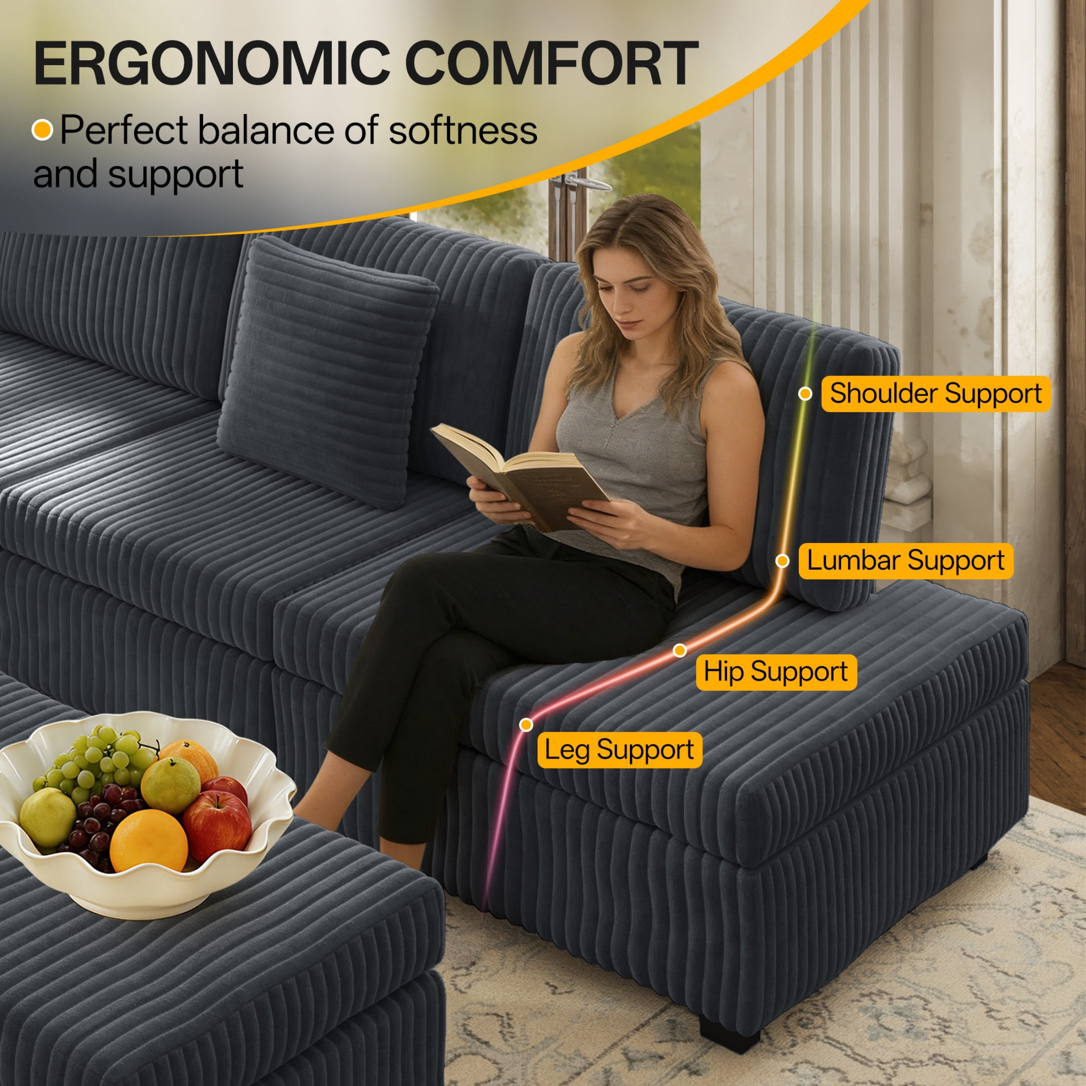 LLappuil 110" Sectional Sofa, Modular Sectional Couch Convertible Sofa Bed, 7 Seat Corduroy Sofa Couch with Movable Ottoman, Hidden Armrest Storage & USB Charging Ports Dark Gray