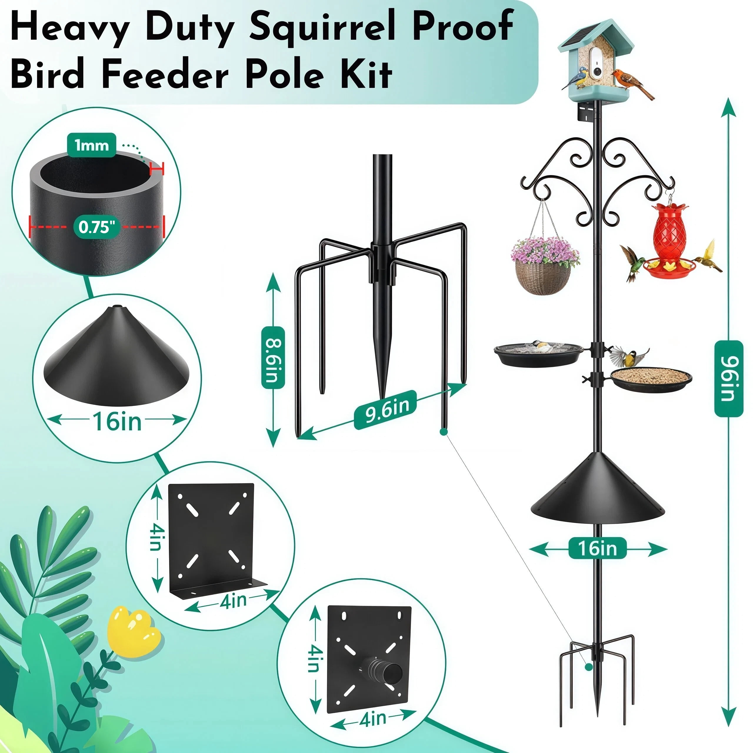 Teblint 92" Bird Feeding Station, Heavy Duty Bird Feeder Pole Bird House Stand Mount Kit with Squirrel Proof Baffle Shepherd Hooks for Outdoor, Adjustable Feeder Stand for Attracting Wild Birds
