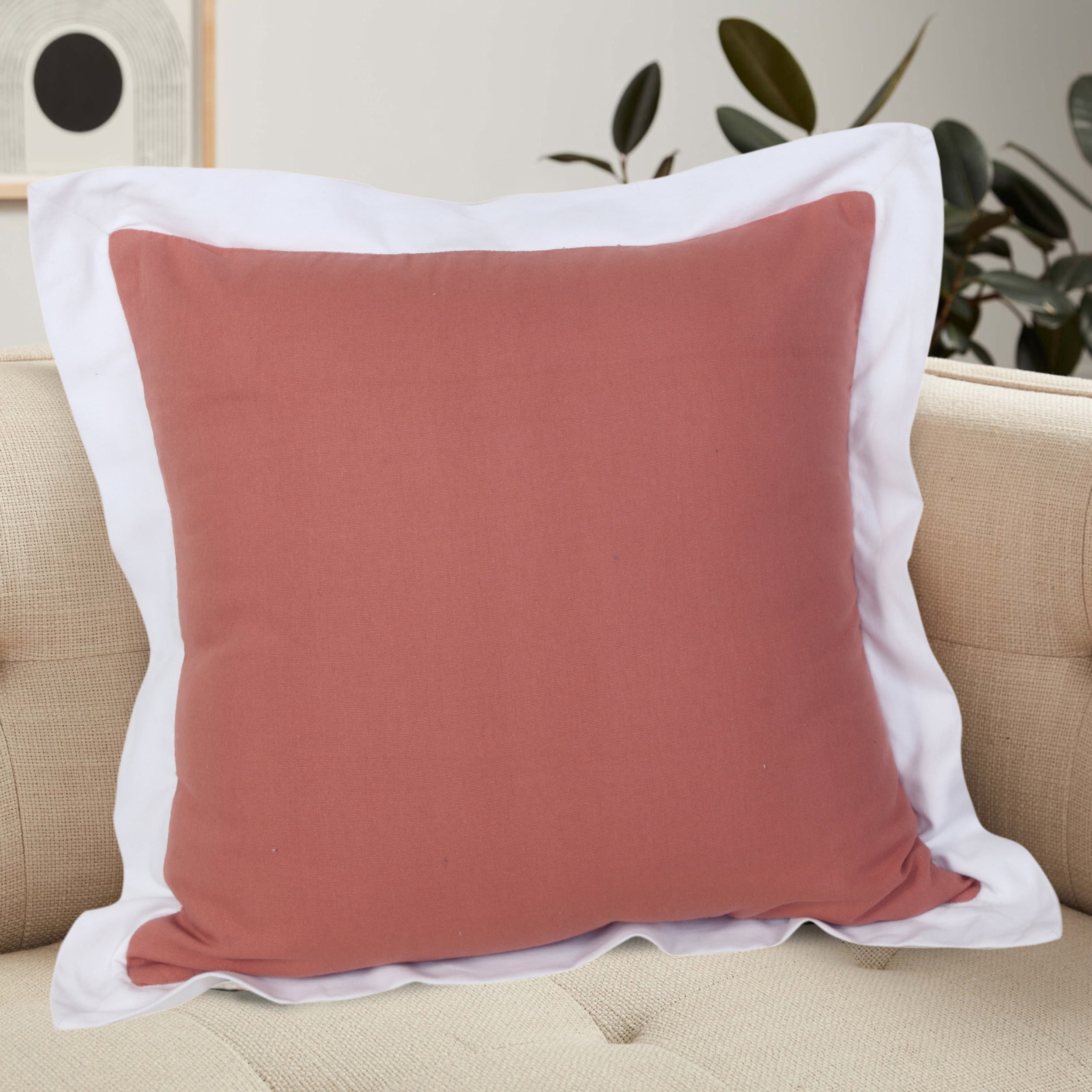 Harlow Hill Finn 20" x 20" Bordered Cotton Adult Decorative Feather Filled Pillow, Deep Coral/White
