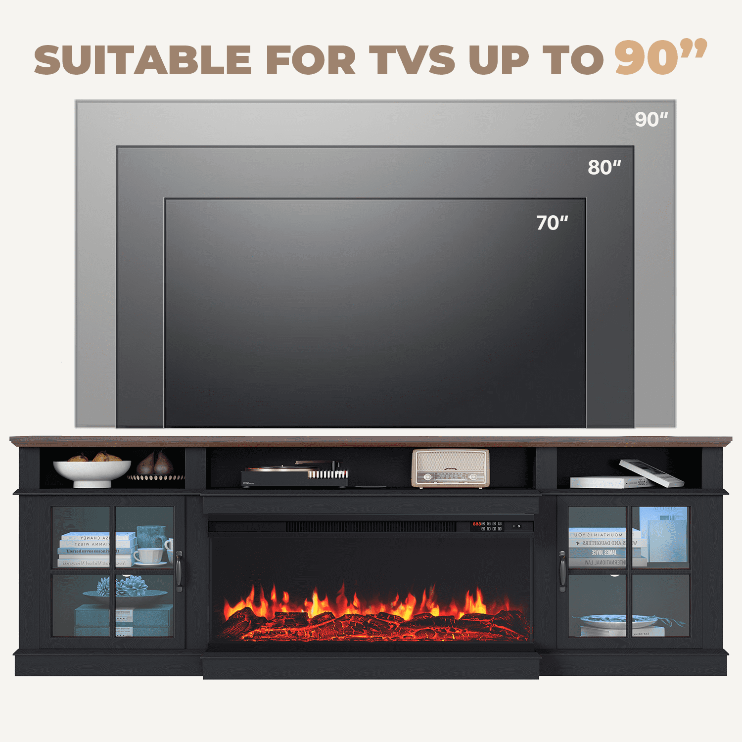 BaPiPro 80" Farmhouse Fireplace TV Stand for TVs Up to 90", Entertainment Center with 3-Sided 36" Electric Fireplace & LED Lights, 2 Drawers & 2 Storage Cabinet, Black